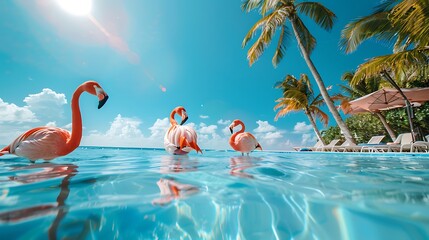 Obraz premium Nice vacations with swimming pool coconut palm tree and flamingos in miami beach