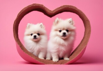 copy art white dog puppies background space pomeranian out two cute peeking spitz olated hole pink shape
