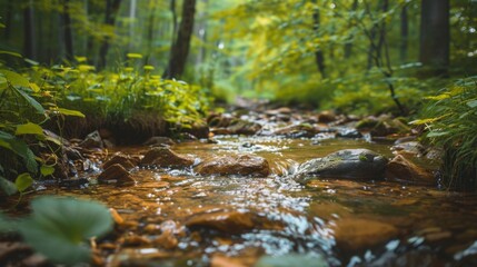 Fototapeta premium A picturesque forest stream with clear water flowing over stones, surrounded by vibrant green foliage. A simple and beautiful natural scene.