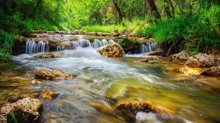 Obraz premium A picturesque forest stream with clear water flowing over stones, surrounded by vibrant green foliage. A simple and beautiful natural scene.