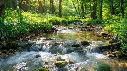 Obraz premium A picturesque forest stream with clear water flowing over stones, surrounded by vibrant green foliage. A simple and beautiful natural scene.