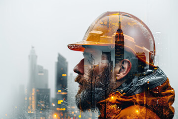 Double exposure image of city and man. Created with Ai