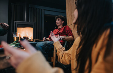 A joyful gathering of young friends chatting and laughing together by a warm fireplace in a comfortable home setting