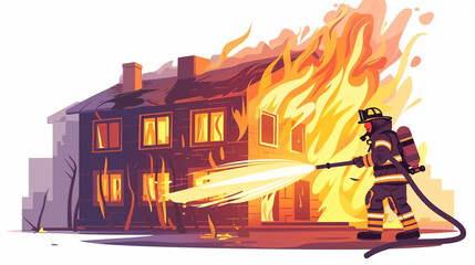 firefighter extinguishing a blazing fire in a burning building , Heroic Rescue Illustration