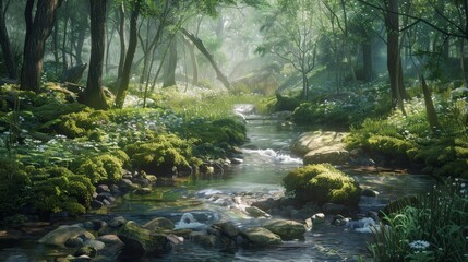 Obraz premium A simple stream in a lush forest, with clear water and vibrant green foliage creating a beautiful and tranquil natural setting.