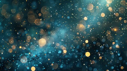 Abstract background with dark blue and gold particles, golden Christmas lights, and bokeh particles on a blue-green background
