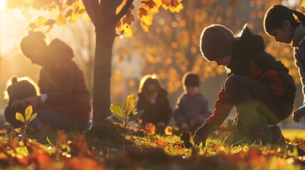 Children and women joyfully planting trees in a sunlit park, with warm, bright tones and a beautiful bokeh background emphasizing the positive, collaborative spirit.
