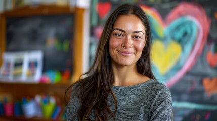 Young Female Elementary School Teacher with Kids and Colorful Classroom