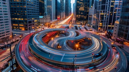 Fototapeta premium Cityscape Carousel: Capture the circular flow of urban traffic amidst high-rise buildings, symbolizing the perpetual motion of the city.