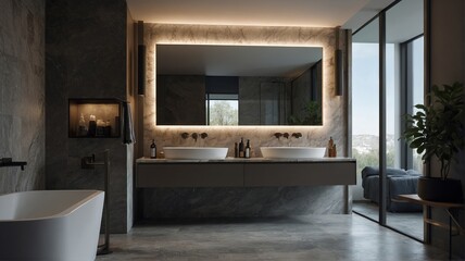Minimalist Luxury: Modern Bathroom with Freestanding Tub and Marble Finishes. Generative AI