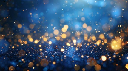 Deep blue background with festive gold particles and Christmas light bokeh