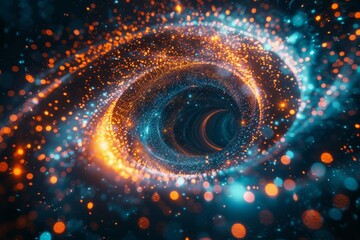 An orange and blue glowing vortex of light curves through a starry void, illuminating the surrounding space with its vibrant glow.