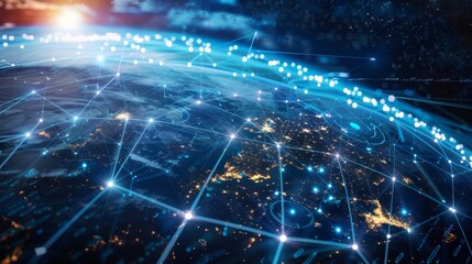 Fototapeta premium Bright digital globe with a network of lines and dots, representing the fast-paced nature of global data transfer and cyber technology.