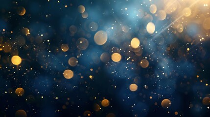 Fototapeta premium Elegant abstract background featuring dark blue, gold particles, and Christmas light bokeh on a blue-green backdrop with gold foil