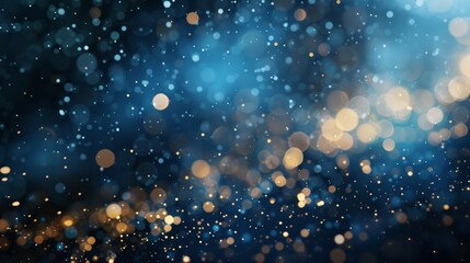 Fototapeta premium Elegant abstract background featuring dark blue, gold particles, and Christmas light bokeh on a blue-green backdrop with gold foil