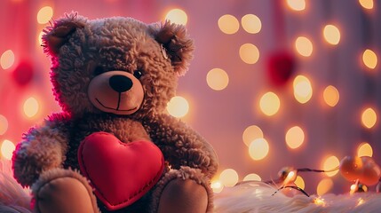 Plush brown teddy bear holding a heart with a pink red background and romantic yellow light chain balls