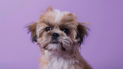 Portrait of an adorable Shih Tzu puppy on a purple background
