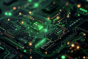 Fototapeta premium An electronic circuit board with green and yellow glowing lights. The board is made of black material and has many small components on it.