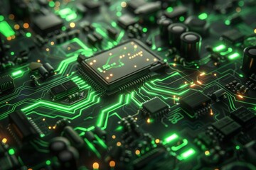 A close-up of a computer chip with green glowing lights. The chip is the central processing unit (CPU) of a computer.