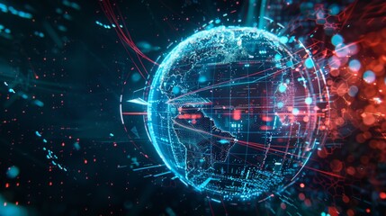 Obraz premium Futuristic digital globe surrounded by data streams and network connections, showcasing the concept of high-speed data transfer and cyber innovation.