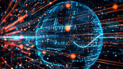 Futuristic digital globe surrounded by data streams and network connections, showcasing the concept of high-speed data transfer and cyber innovation.