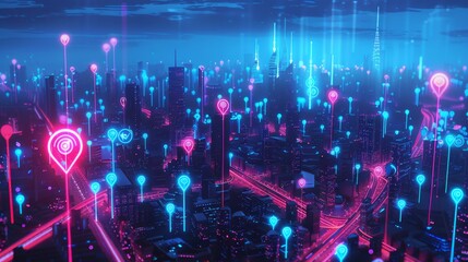 Futuristic city view with glowing GPS location icons and data points, representing the convergence of city information and cutting-edge technological innovation.