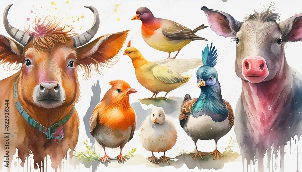 Wall mural Watercolor illustrations of domestic animals: pig, chicken, chicken, cow, ram, goat, duck, isolated drawings by hand - Wall murals