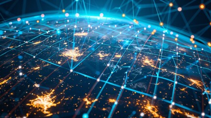 Obraz premium High-tech digital globe with bright lines and nodes, symbolizing the interconnectedness of global networks and advanced cyber technology.