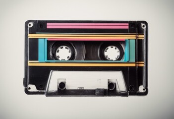 Obraz premium white background olated vintage cassette colorful tape 1980s recorder player retro audio old closeup pop nostalgic record banner side used datum play
