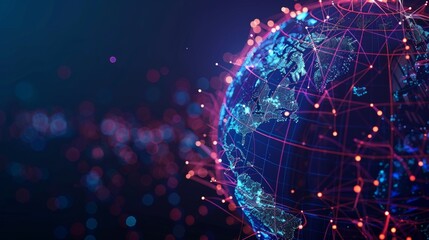 High-tech digital globe with bright lines and nodes, symbolizing the interconnectedness of global networks and advanced cyber technology.