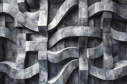 A complex 3D structure made of gray interlocking blocks.