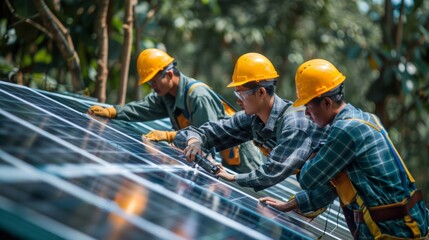 Team of Asian engineers connecting solar panels on an industrial facility