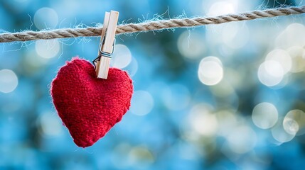 red heart hanging on a clothesline with clothespins blue background