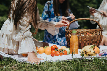 Two sisters delight in a leisurely picnic at the park, surrounded by lush greenery and a variety of...