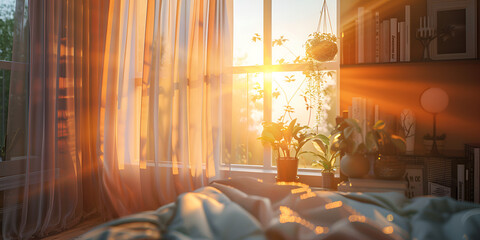 A tranquil scene with a sunlit window and delicate sheer curtains. Soft sunlight streaming through a bedroom window.

