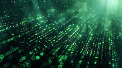 Immerse yourself in a mesmerizing realm of cascading green particles, where light and data merge into an ethereal symphony of movement.