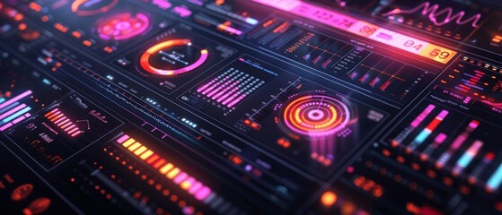 Fototapeta premium Futuristic dashboard with glowing orange and pink neon lights.