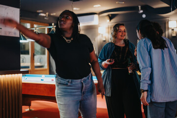 Joyful friends engage in a friendly dart game at a local bar, sharing laughs and enjoying their night together.