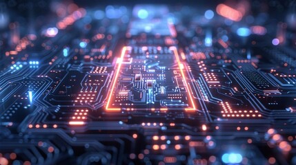 Obraz premium An illustration of a computer chip with glowing orange and blue lights. The chip is surrounded by a dark background with a few blurry lights in the distance.