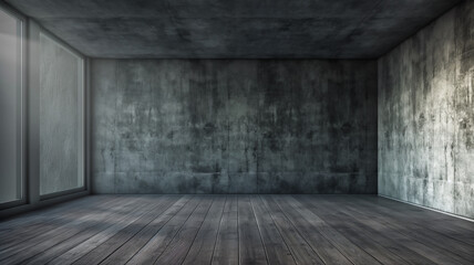 Empty room with dark concrete walls, large windows on one side, and wooden flooring, creating a minimalist and industrial atmosphere.