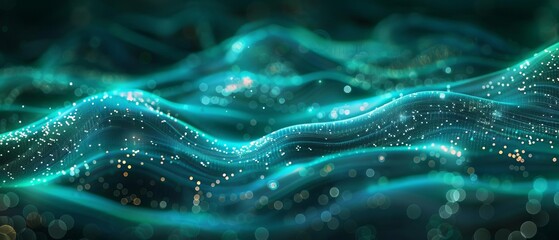 Generate an abstract background with a glowing green and blue color scheme. The background should be made up of a series of undulating waves.