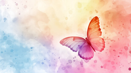A vibrant butterfly with wings in shades of pink, purple, and red, set against a watercolor background blending pastel blue, pink, and yellow hues.
