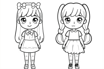 coloring pages with cute girls characters, happy girls characters set. Black and white vector illustration of children's activity coloring book pages with pictures of Character girls.