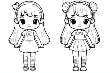coloring pages with cute girls characters, happy girls characters set. Black and white vector illustration of children's activity coloring book pages with pictures of Character girls.