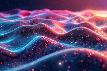 Obraz premium Create a seamless looping animation of a glowing blue and pink digital landscape with glowing particles