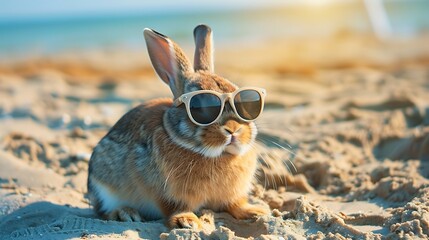 shorthair funny cute bunny rabbit wearing sunglasses at beach