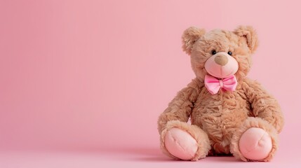 Sitting cute Teddy Bear fluffy toy with on pink background