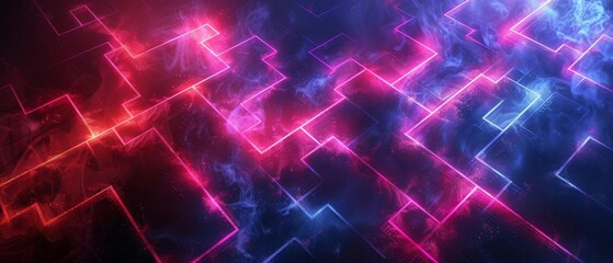 Create a seamless looping animation of a glowing blue and pink neon grid of squares against a black background
