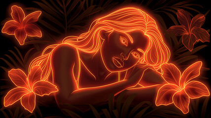 Obraz premium A woman is laying in a field of flowers with a glowing effect