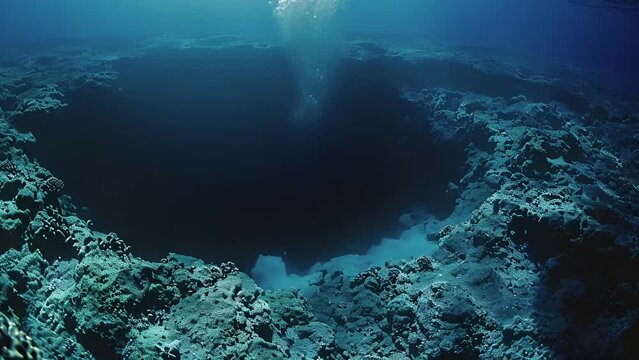 A natural wonder of the ocean a blue hole is a deep dark chasm beneath the surface.